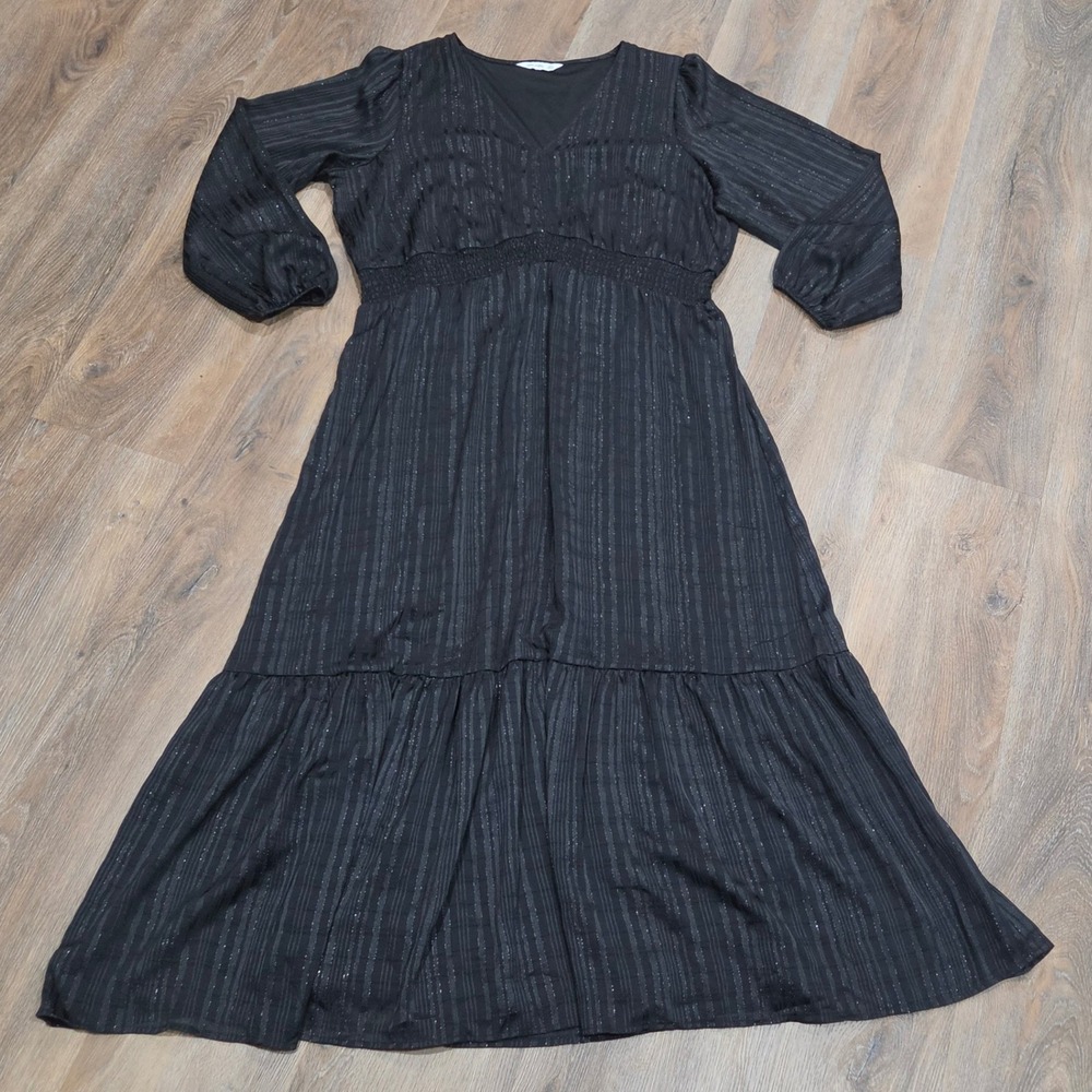 Nine West Black Metallic Stripe Smocked Waist Tiered Maxi Dress XXL V-Neck Long